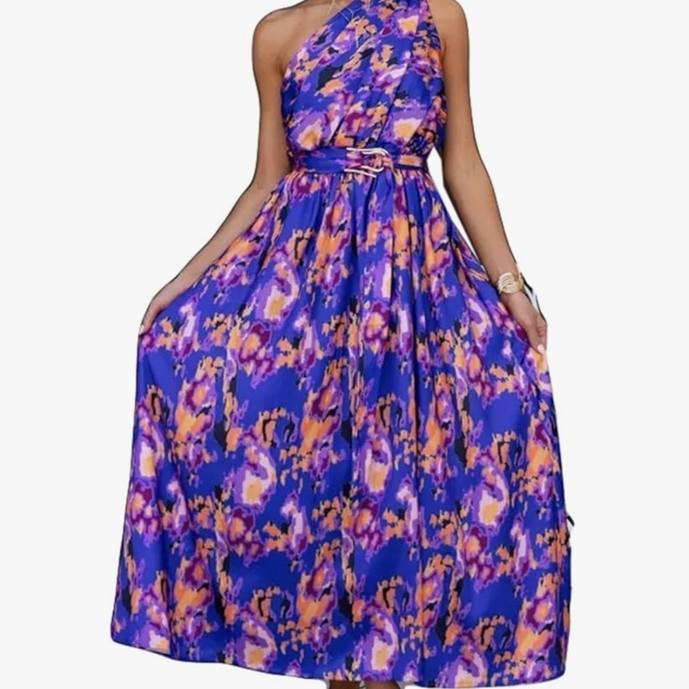 Womens Sleeveless One Shoulder Printed Belted A Line Dress